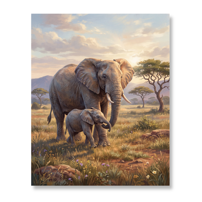 Elefante y su Cría al Atardecer