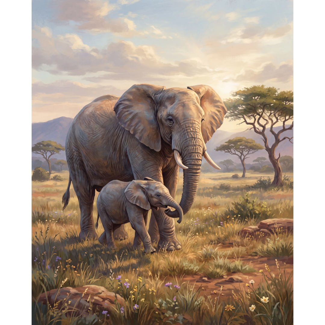 Elefante y su Cría al Atardecer