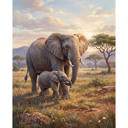Elefante y su Cría al Atardecer