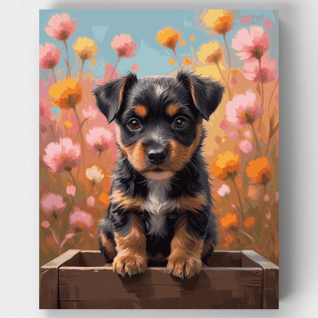Adorable Puppy in Flower Garden - Paint by Numbers Kit