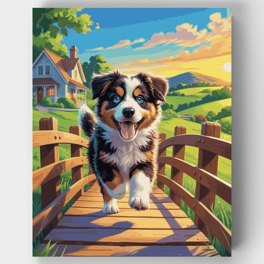 Australian Shepherd Puppy on Bridge - Paint by Numbers Kit