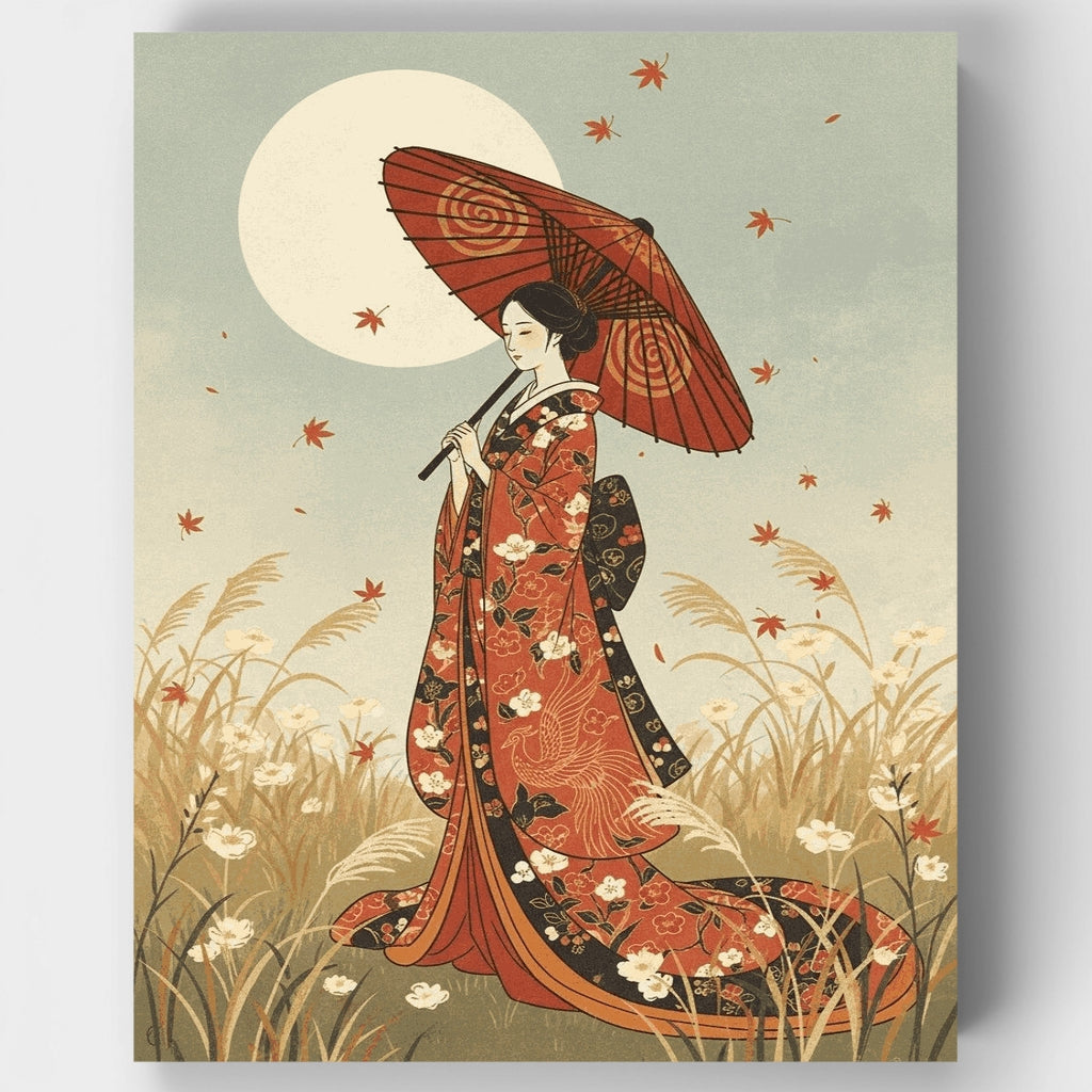Kit de pintura por números - Geisha bajo la luz de la luna otoñal — Estándar