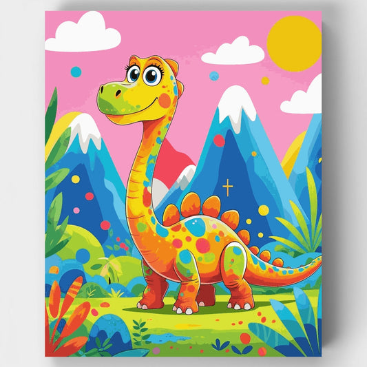 Colorful Cartoon Dinosaur in a Vibrant Prehistoric Landscape - Paint by Numbers Kit
