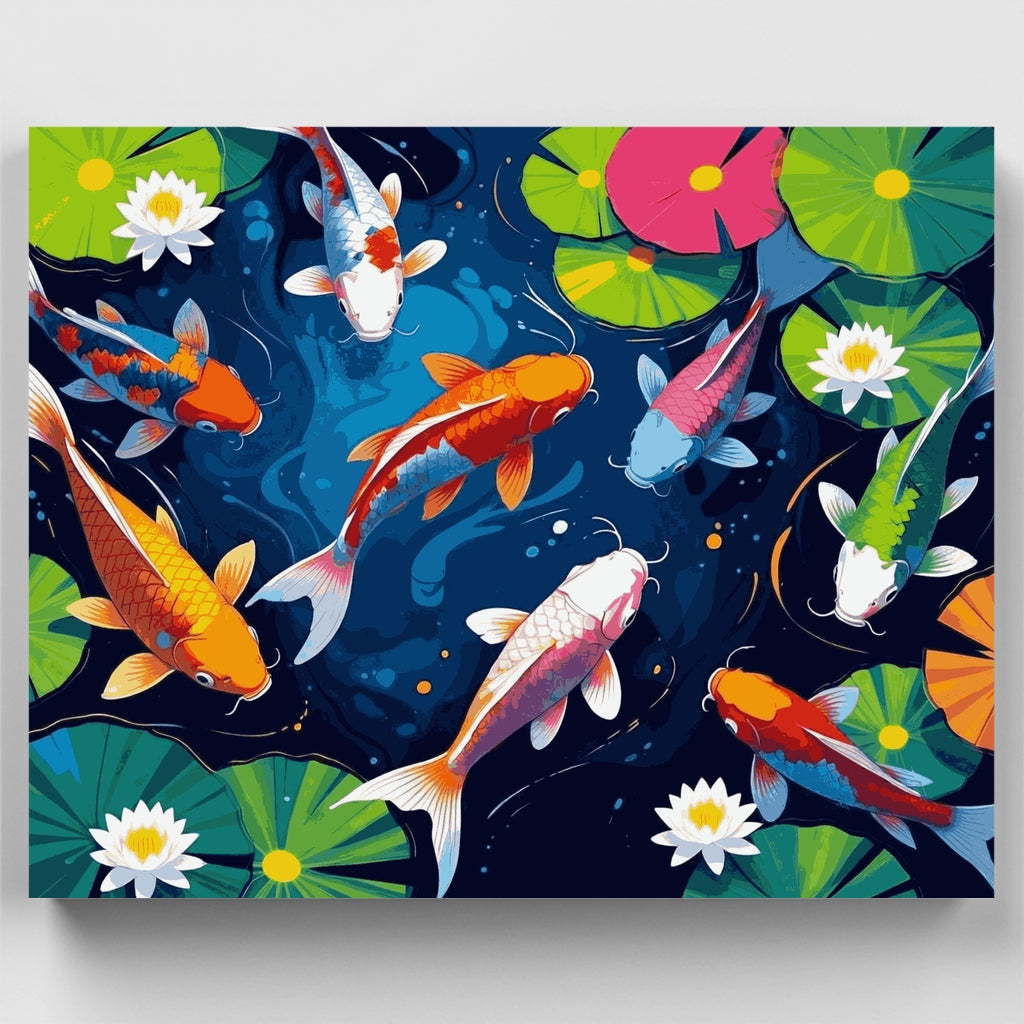 Peces koi coloridos en estanque de lotos - Kit de pintura por números — Estándar