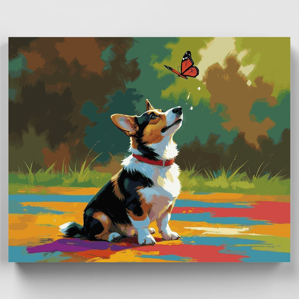 Corgi Puppy Watching Butterfly - Paint by Numbers Kit