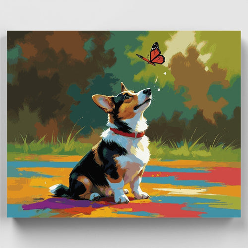 Corgi Puppy Watching Butterfly - Paint by Numbers Kit
