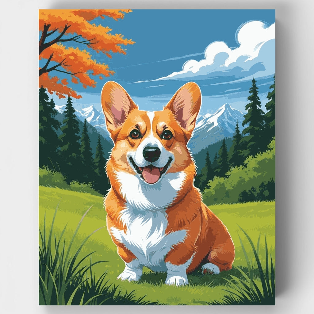 Corgi en paisaje de montaña - Kit de pintura por números — Estándar