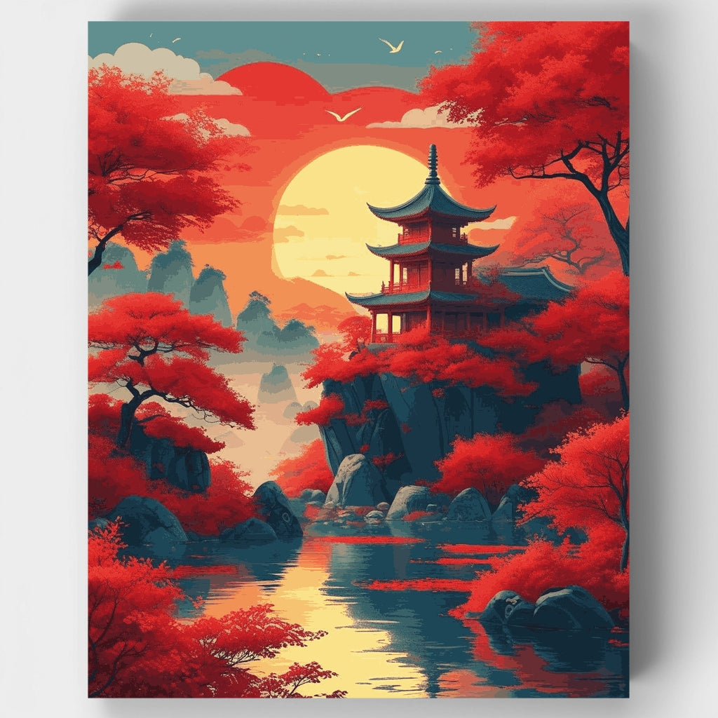 Pagoda carmesí al atardecer - Kit de pintura por números — Estándar