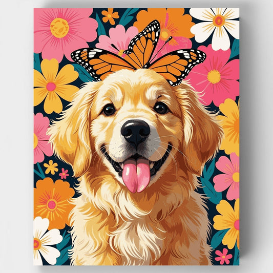 Golden Retriever with Butterfly and Flowers - Paint by Numbers Kit
