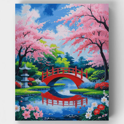Japanese Garden in Cherry Blossom Season - Paint by Numbers Kit