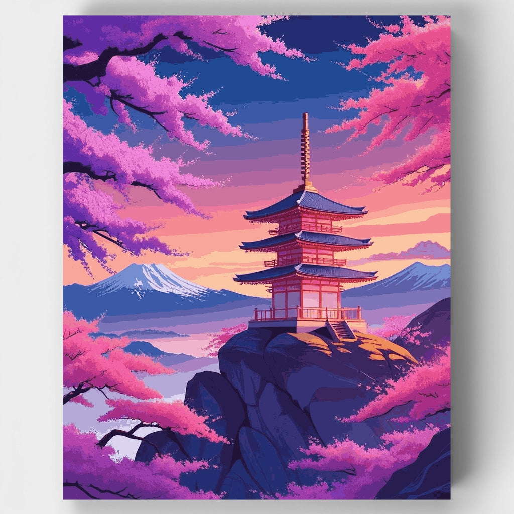Pagoda japonesa al atardecer entre cerezos en flor - Kit de pintura por números — Estándar