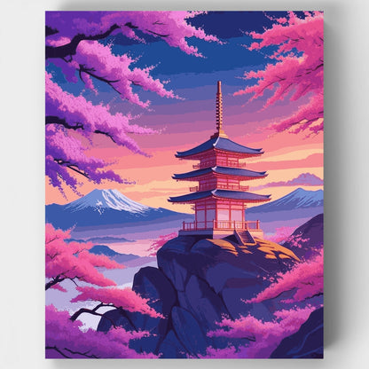 Japanese Pagoda at Cherry Blossom Sunset - Paint by Numbers Kit