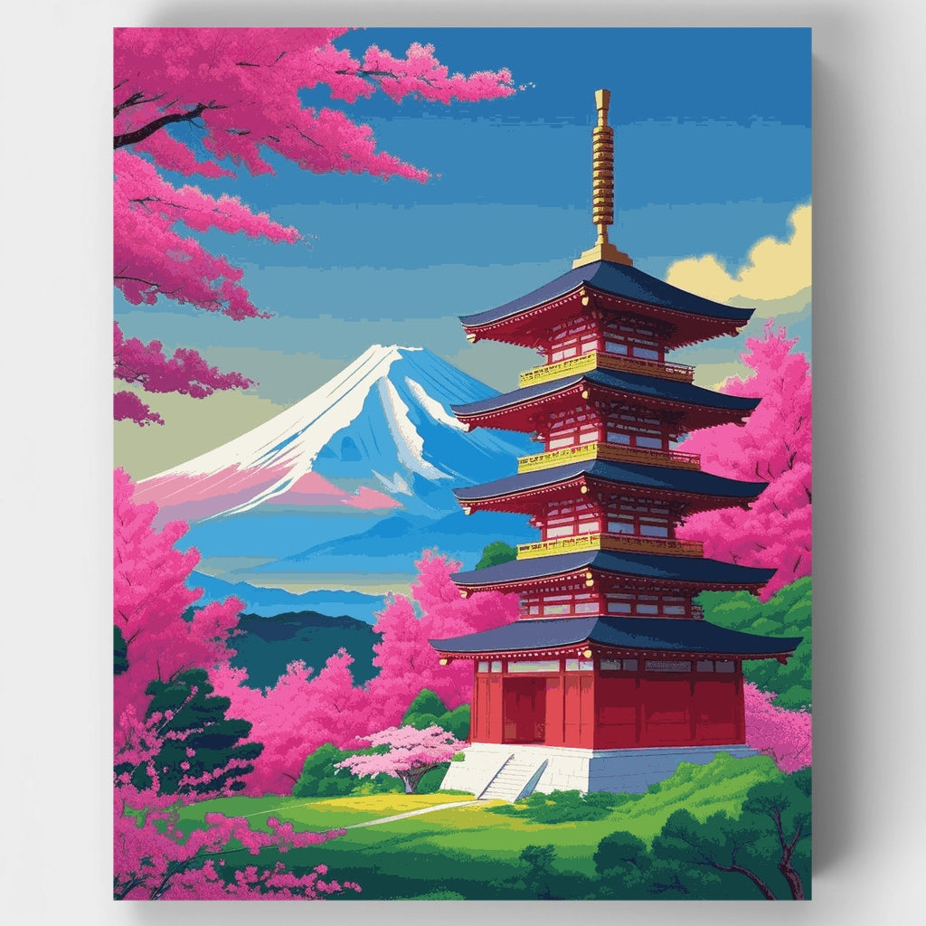 Pagoda japonesa con el Monte Fuji y flores de cerezo - Kit de pintura por números — Estándar