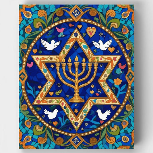 Jewish Star of David with Menorah Stained Glass - Paint by Numbers Kit
