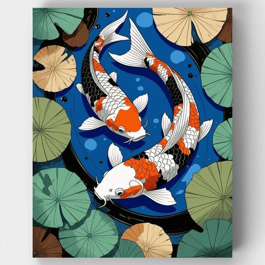 Koi Fish Yin Yang Dance with Lily Pads - Paint by Numbers Kit