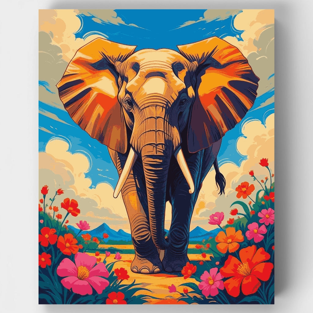 Elefante majestuoso en prado floreciente - Kit de pintura por números — Estándar