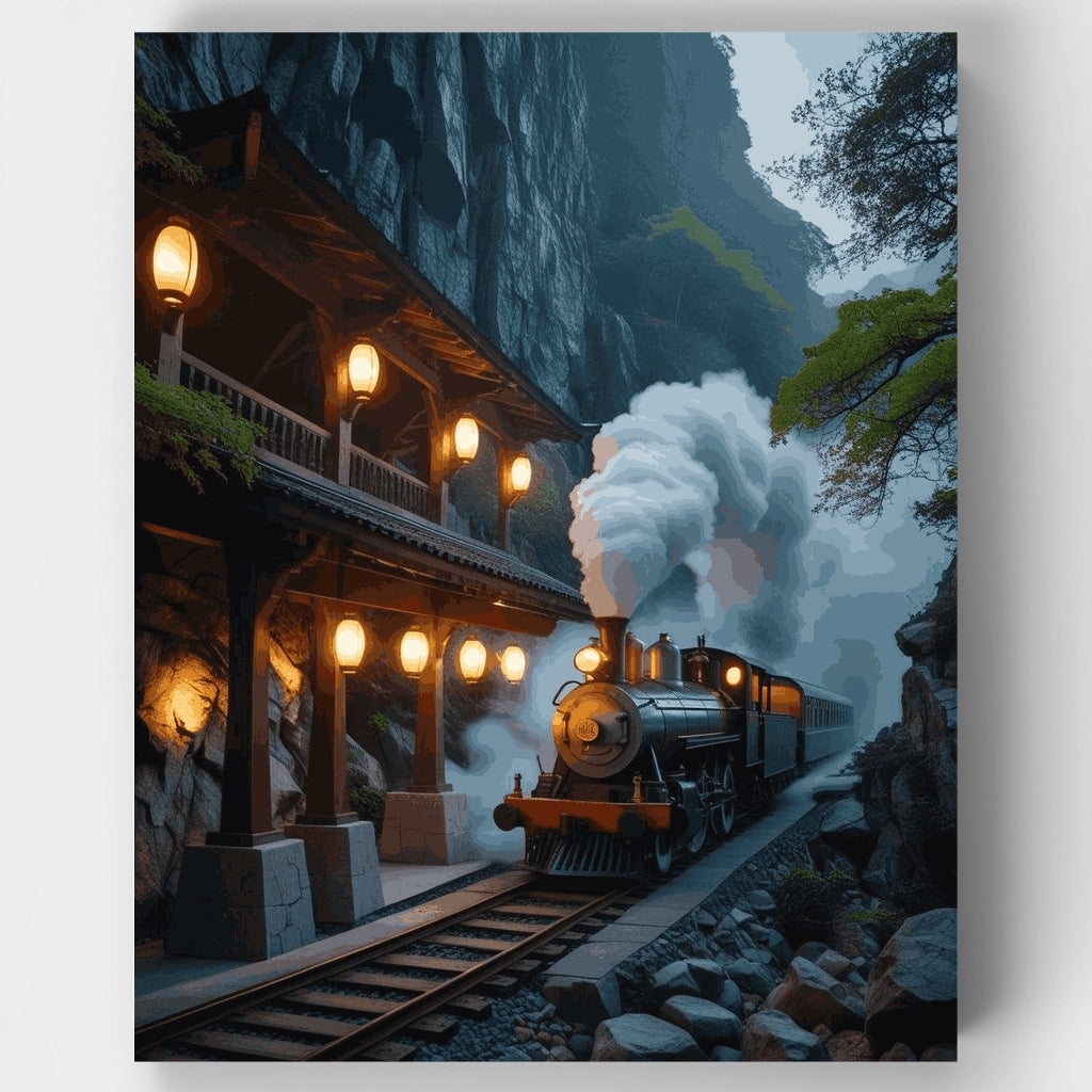 Escena de fantasía en estación de tren de montaña - Kit de pintura por números — Estándar