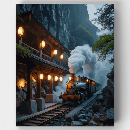 Mountain Railway Station Fantasy Scene - Paint by Numbers Kit