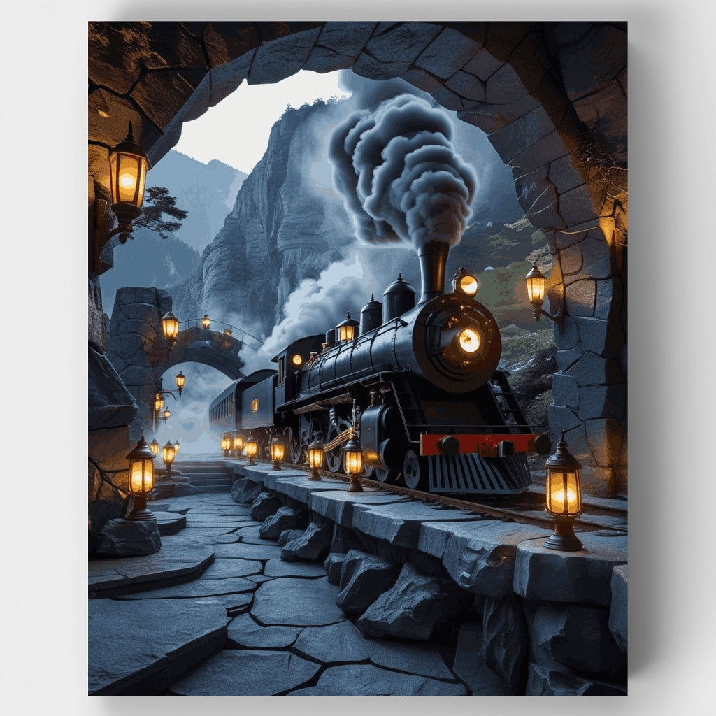 Kit de pintura por números: Tren de vapor místico a través de un túnel de montaña — Estándar