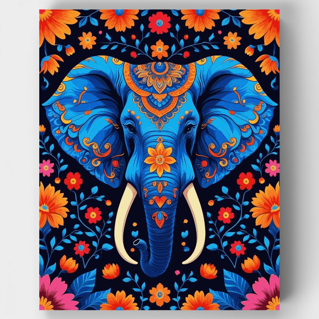 Ornate Blue Elephant with Floral Patterns - Paint by Numbers Kit