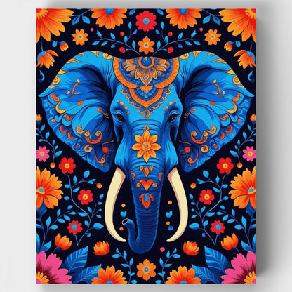 Ornate Blue Elephant with Floral Patterns - Paint by Numbers Kit