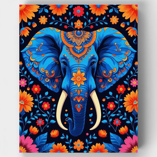 Ornate Blue Elephant with Floral Patterns - Paint by Numbers Kit