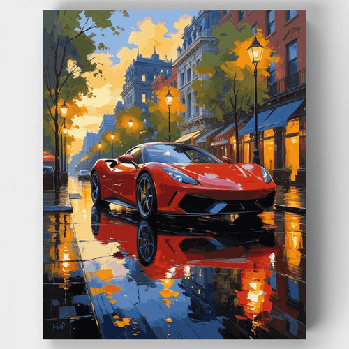 Red Car on Rainy City Street - Paint by Numbers Kit