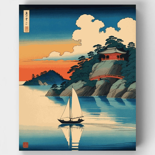 Serene Japanese Coastal Temple at Sunset - Paint by Numbers Kit
