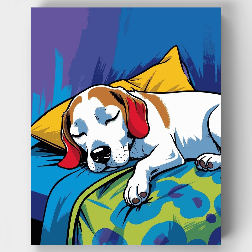 Beagle durmiendo sobre cojines coloridos - Kit de pintura por números — Estándar