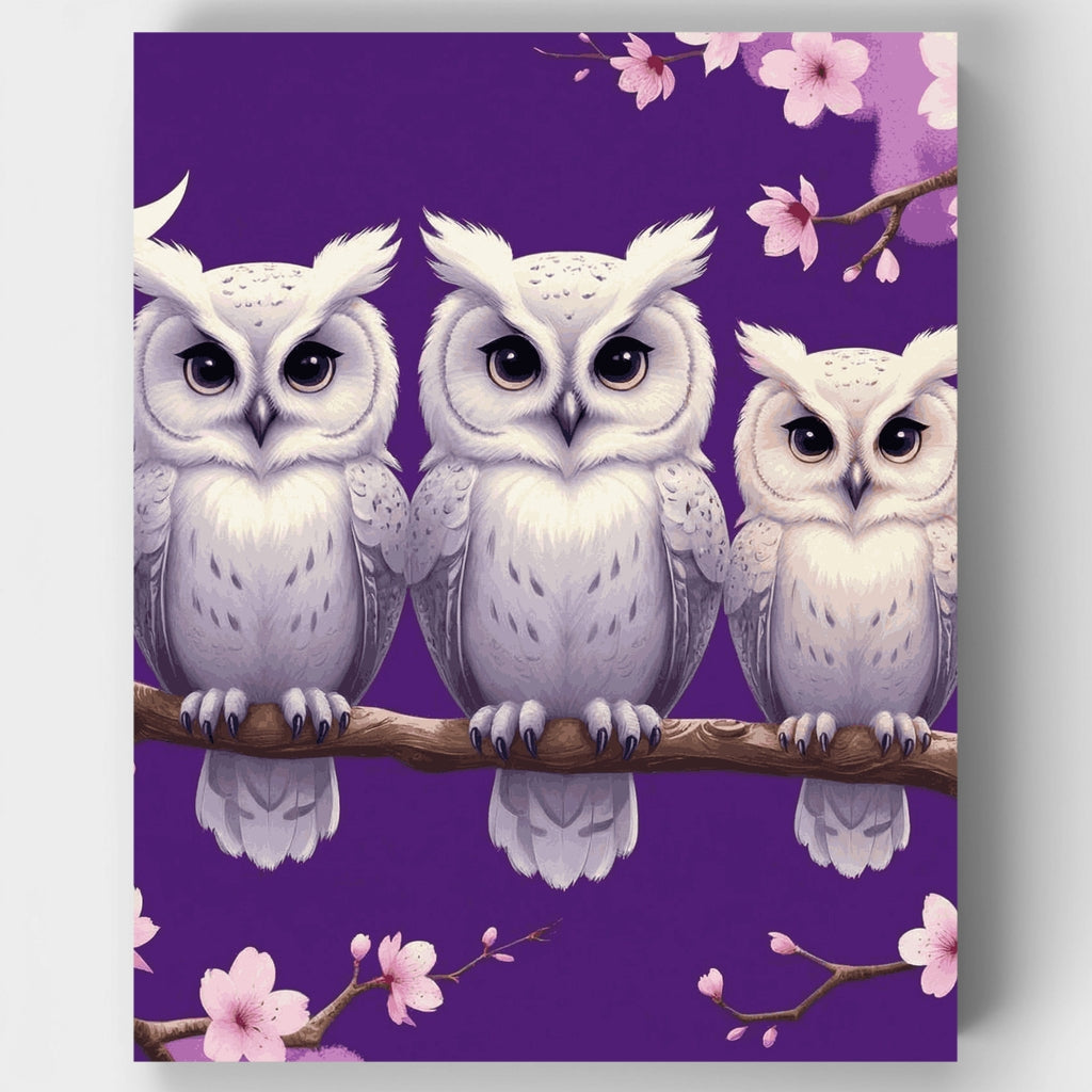 Tres búhos blancos en una rama de cerezo en flor - Kit de pintura por números — Estándar