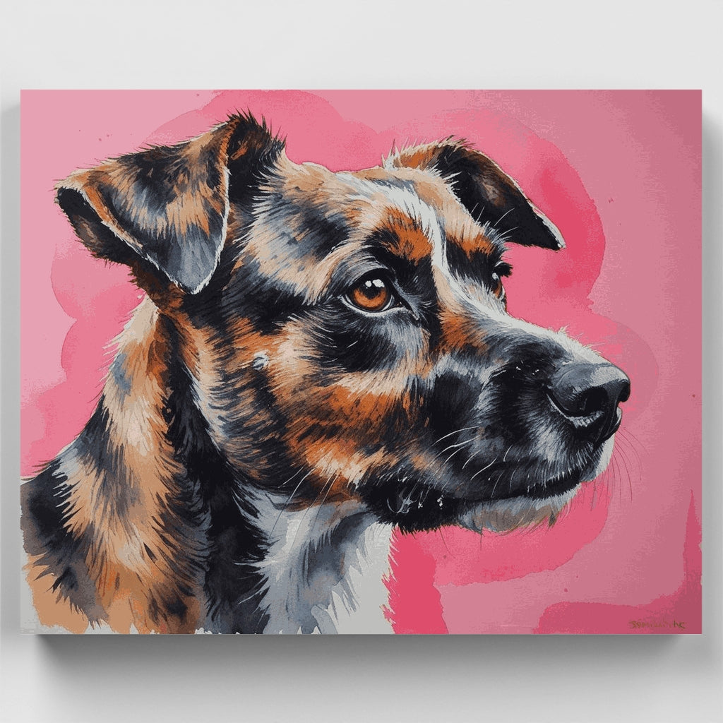 Retrato de perro tricolor sobre fondo rosa - Kit de pintura por números — Estándar