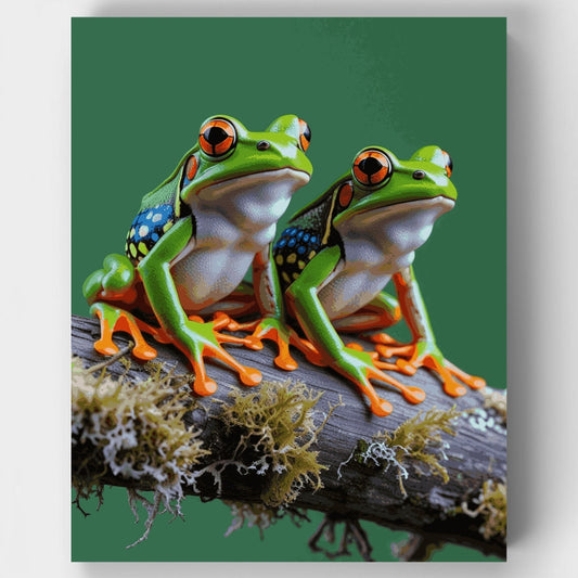 Two Red-Eyed Tree Frogs on a Mossy Branch - Paint by Numbers Kit