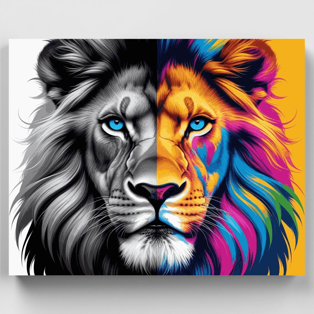 Retrato de león vibrante con diseño dividido - Kit de pintura por números — Estándar