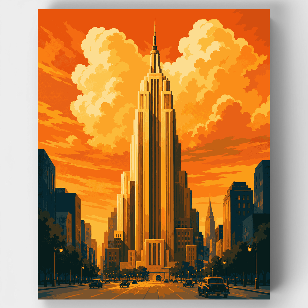 Kit de pintura por números: Atardecer en el Empire State Building (Art Déco) — Estándar