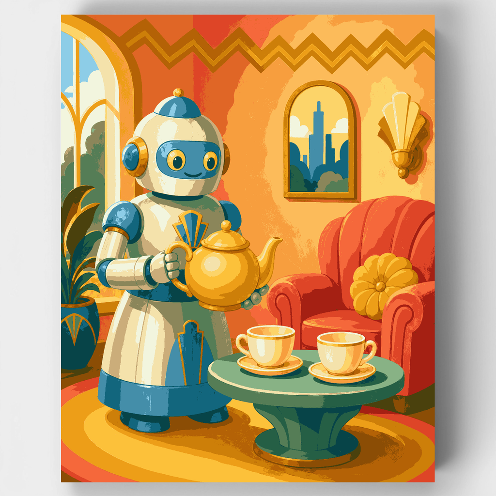 Kit de pintura por números: Mayordomo robot estilo Art Déco a la hora del té — Estándar
