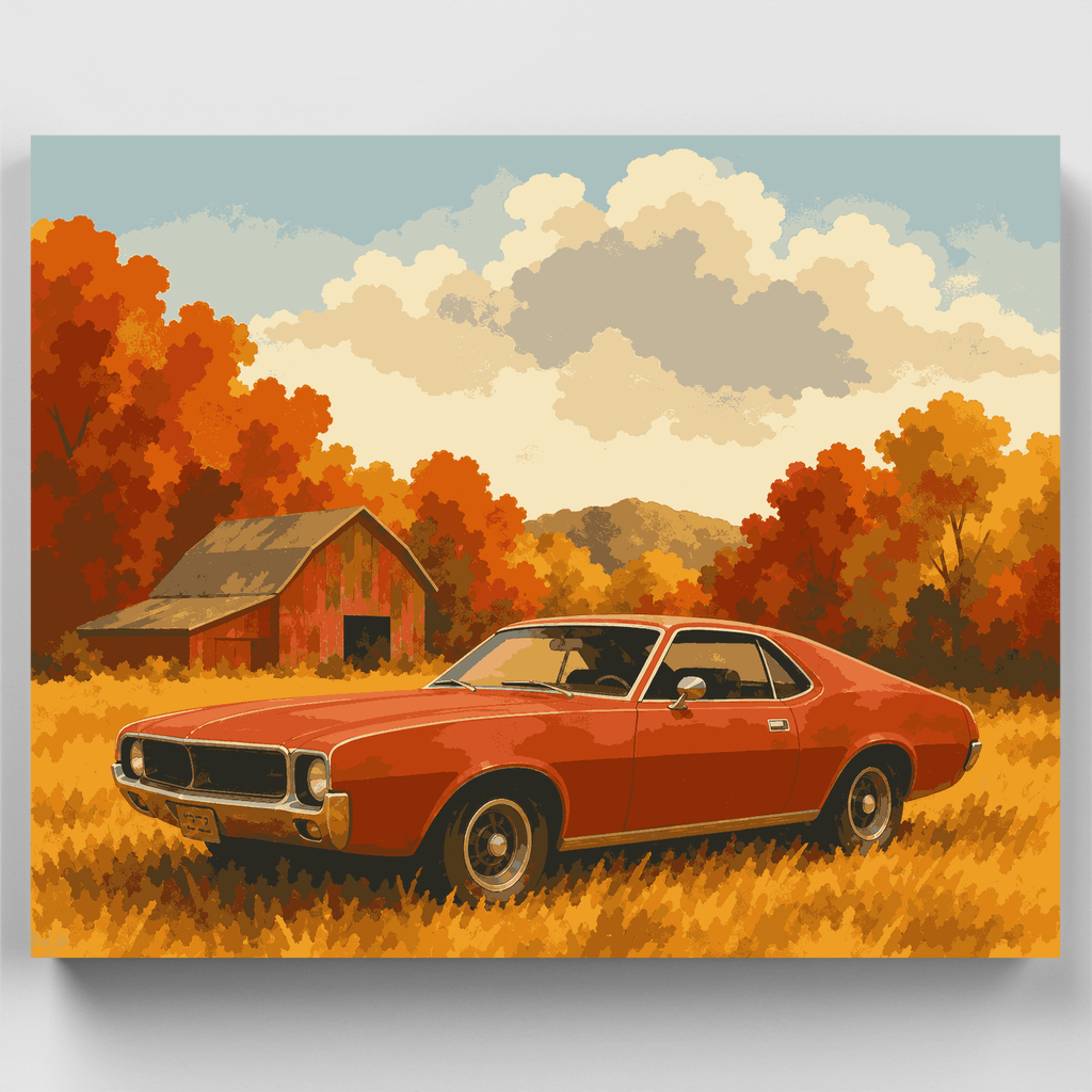 Autumn Muscle Car by the Barn - Paint by Numbers Kit