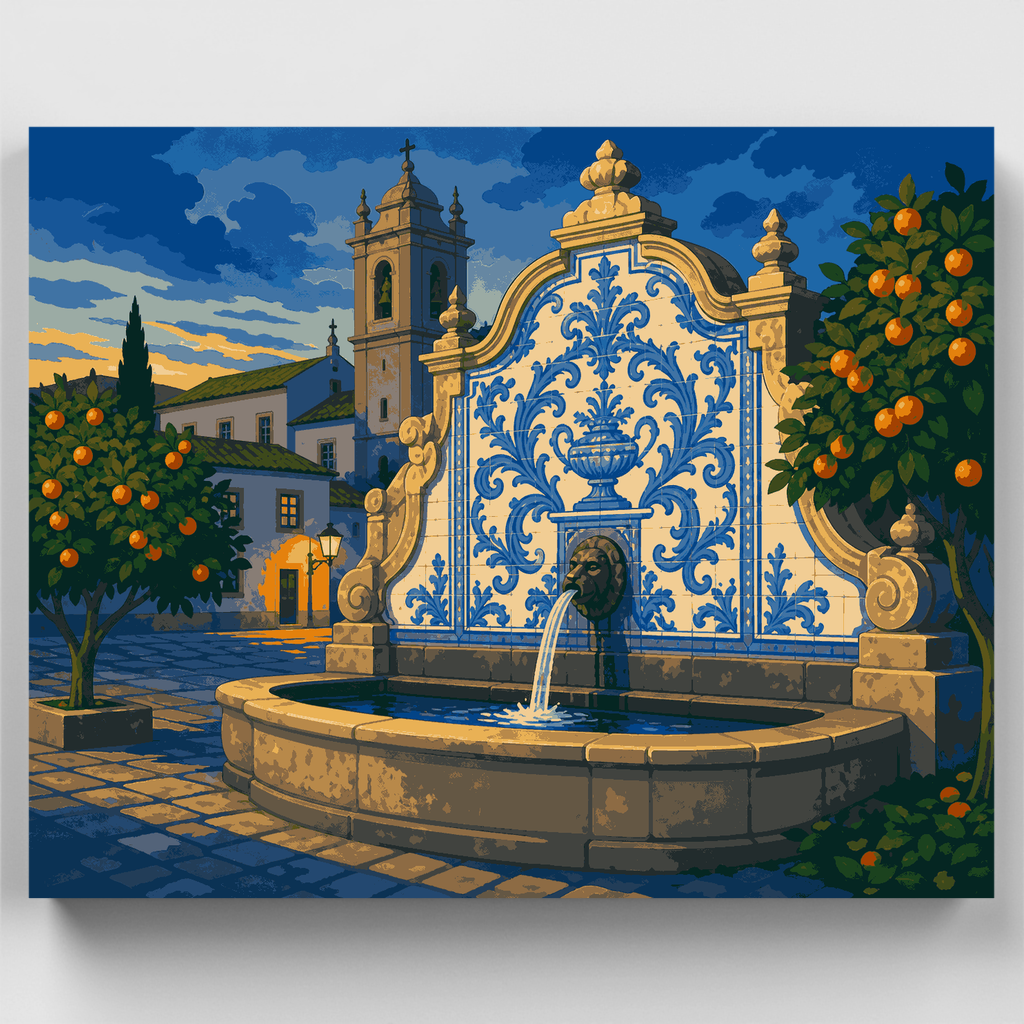 Fuente de azulejos al atardecer - Kit de pintura por números — Estándar