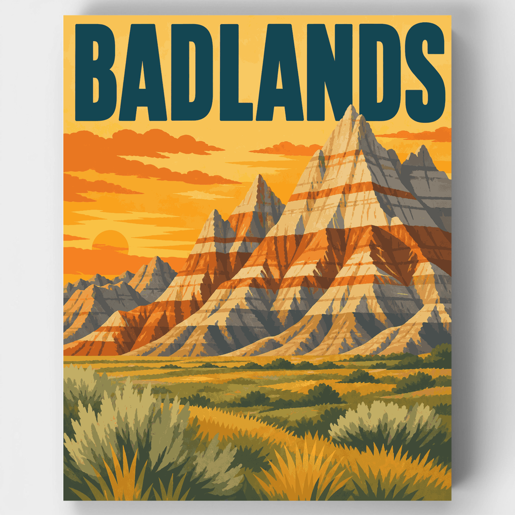 Kit de pintura por números: Agujas del atardecer en Badlands — Estándar