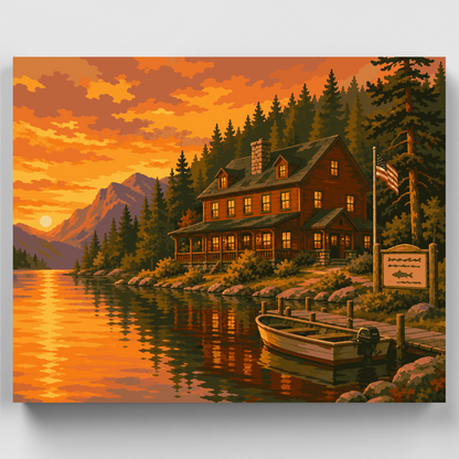 Bass Lake Lodge at Sunset - Paint by Numbers Kit