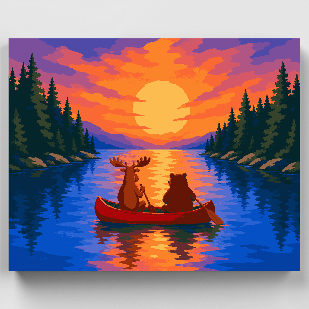 Kit de pintura por números - Canoa con oso y alce — Estándar