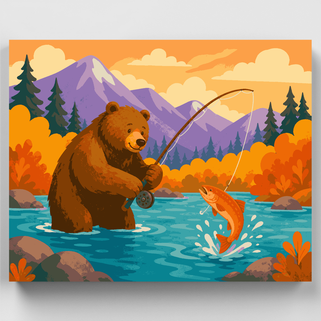Oso pescando en río otoñal - Kit de pintura por números — Estándar