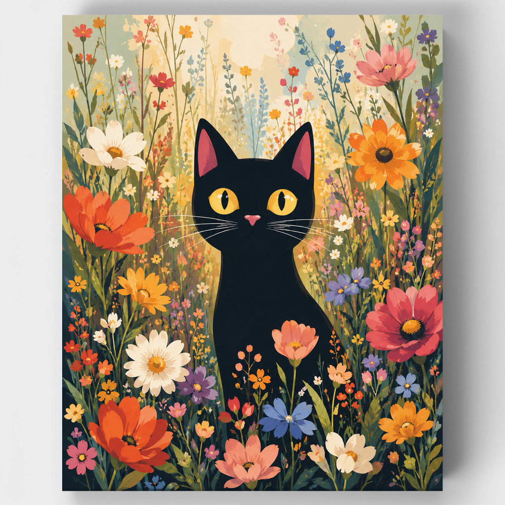 Gato negro entre flores silvestres - Kit de pintura por números — Estándar