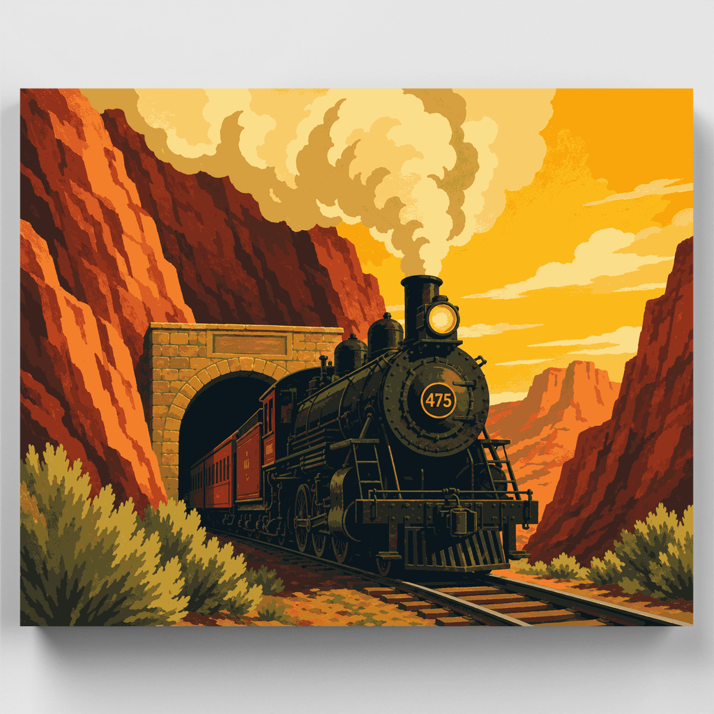 Kit de pintura por números: Locomotora de vapor en el cañón — Estándar
