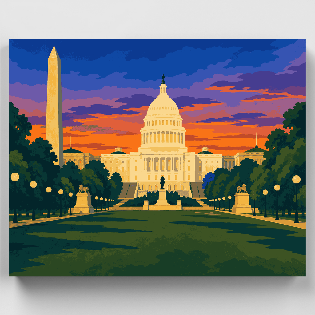 Kit de pintura por números: Atardecer en el horizonte del Capitolio — Estándar