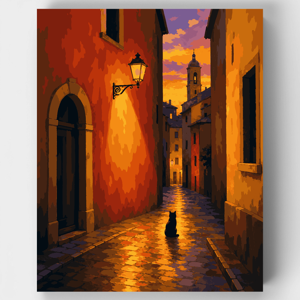 Gato al atardecer en el empedrado - Kit de pintura por números — Estándar