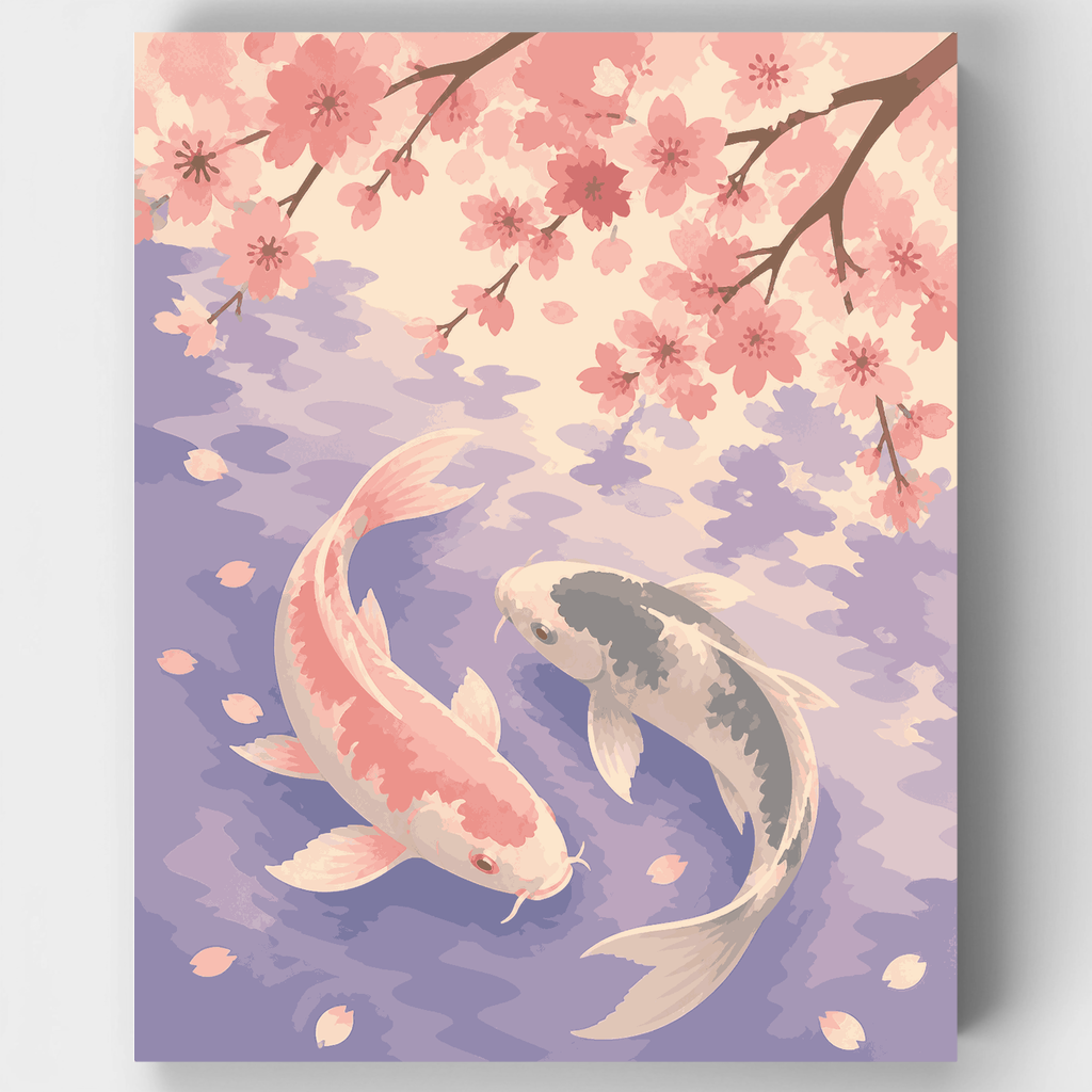 Kit de pintura por números: Carpa koi y cerezos en flor — Estándar