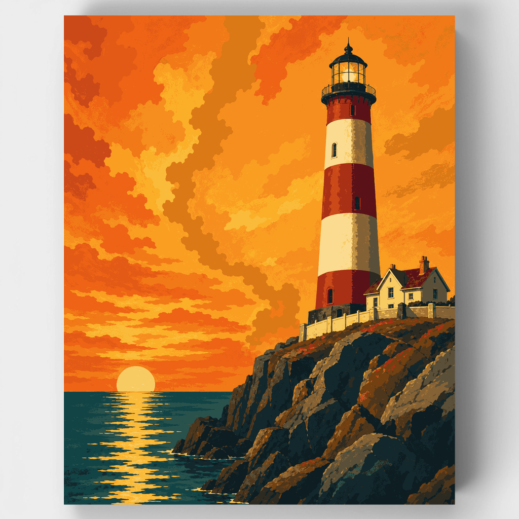 Kit de pintura por números: Atardecer en el faro sobre el acantilado — Estándar