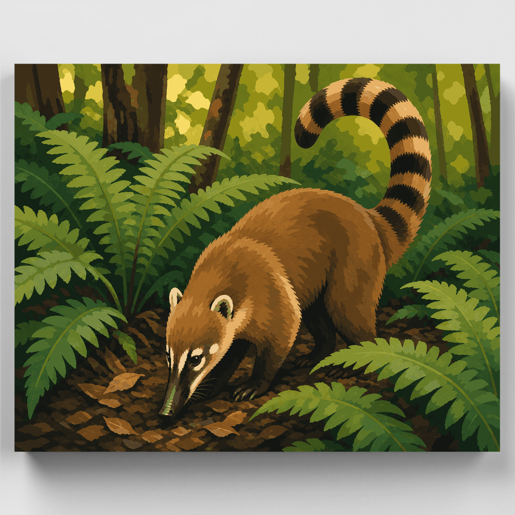 Kit de pintura por números: Coatí buscando alimento entre helechos — Estándar