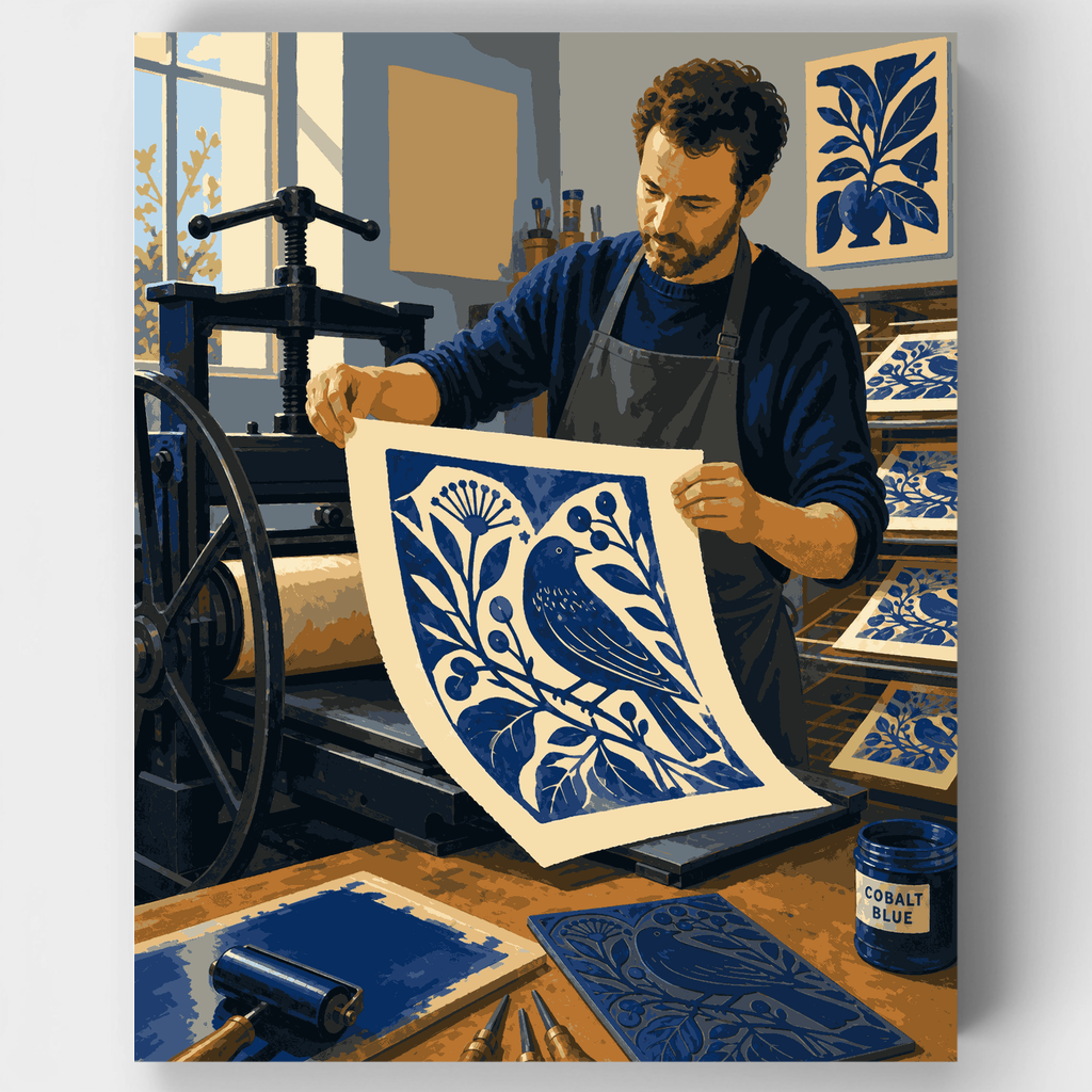 Cobalt Bird Linocut - Paint by Numbers Kit