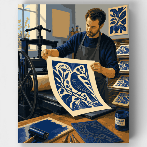 Cobalt Bird Linocut - Paint by Numbers Kit